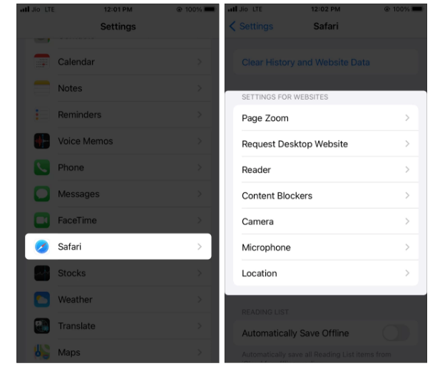 إدارة إعدادات موقع الويب في Safari على iPhone أو iPad  في iOS 15